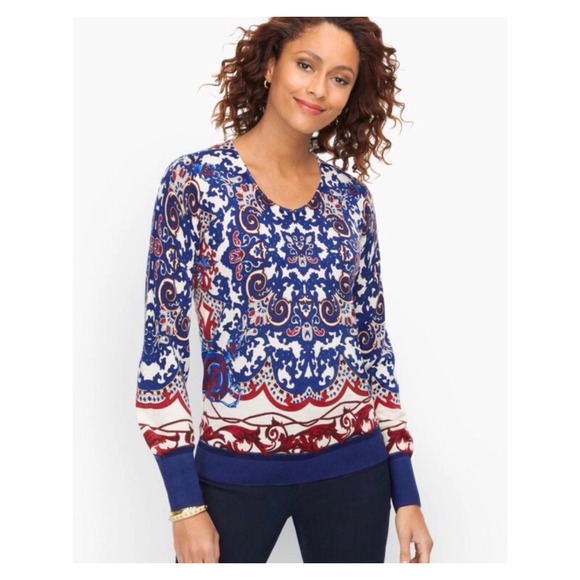 Talbots Sweaters - Talbots Soft Merino Wool V-Neck Sweater 1X Blue Red Preppy Old Money Fourth July